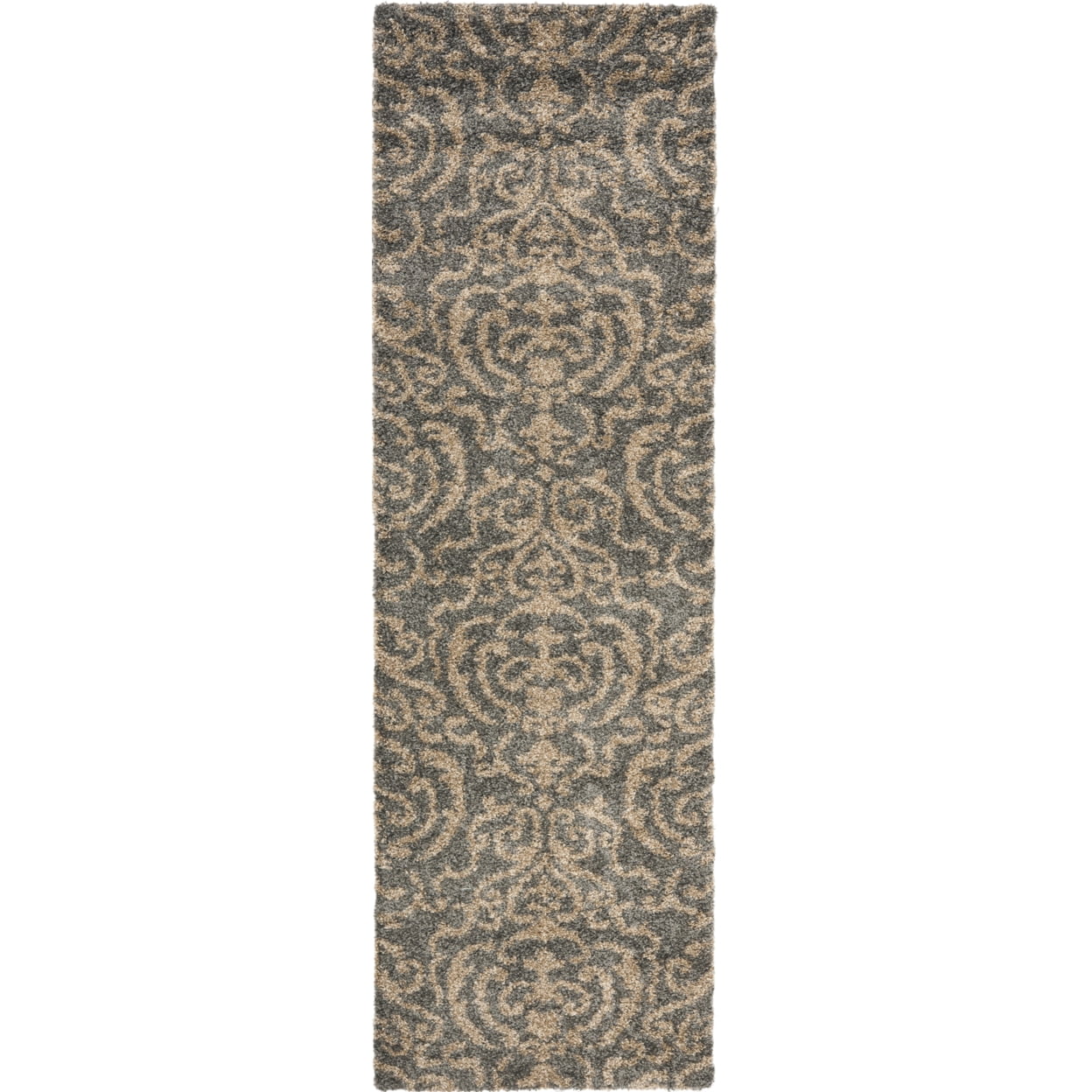 SAFAVIEH Florida Deangelo Damask Plush Shag Area Rug, Grey/Beige, 4' x 6'
