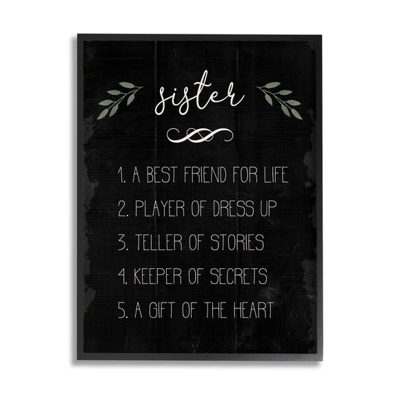 Stupell Industries Sister Facts Family Phrases Distressed Black Pattern Inspirational Painting Black Framed Art Print Wall Art, 11 x 14