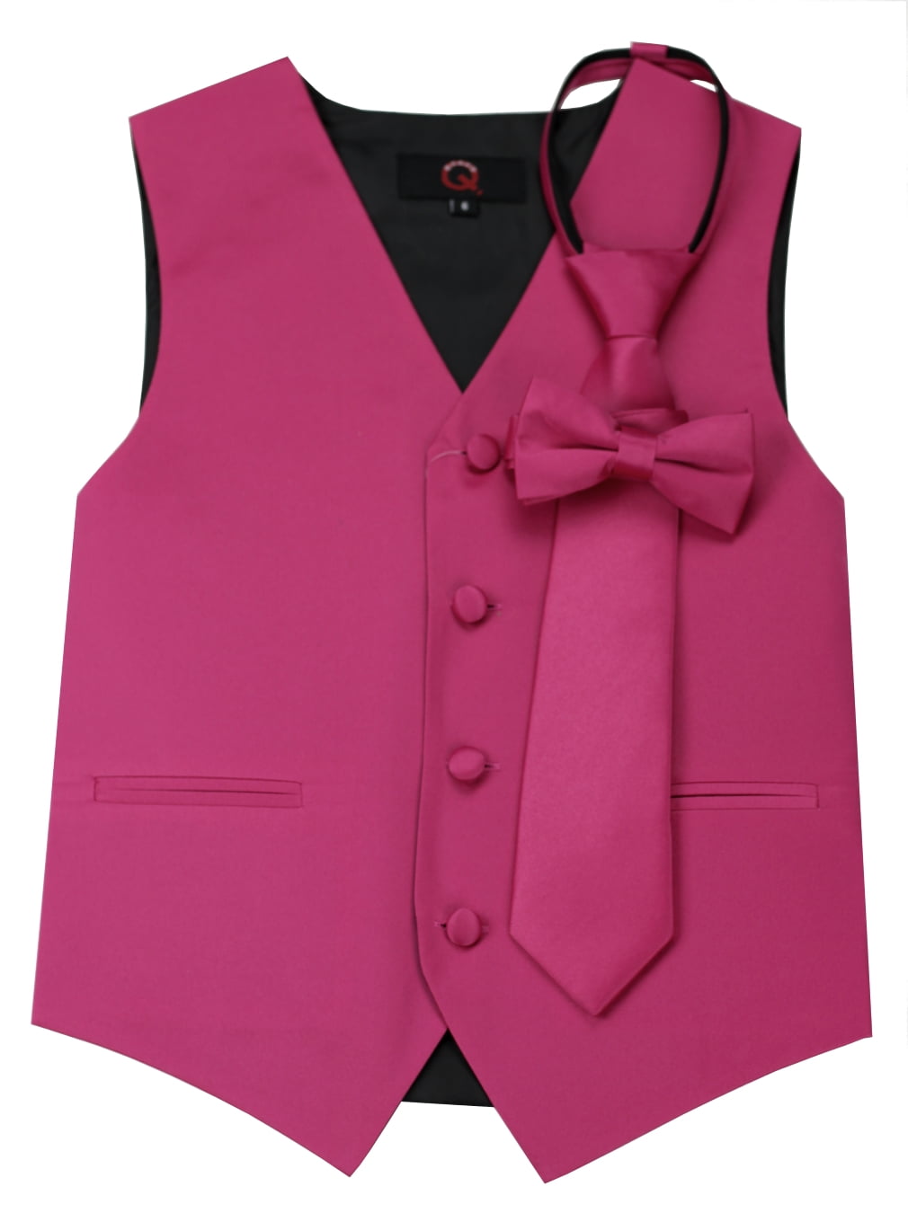 Boy's Fuchsia Satin Formal Dress Tuxedo Vest Wedding Tie & Bow-Tie Set 