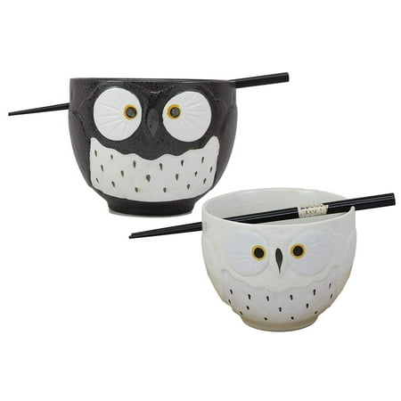 

Ebros Whimsical Ceramic White And Black Owl Ramen Bowl and Chopsticks Set of 2