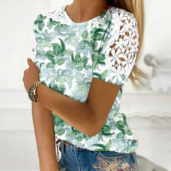 Aloohaidyvio Tops,Women Ladies Printing Short Sleeve Round Neck Pullover Lace Tops Shirts Blouse