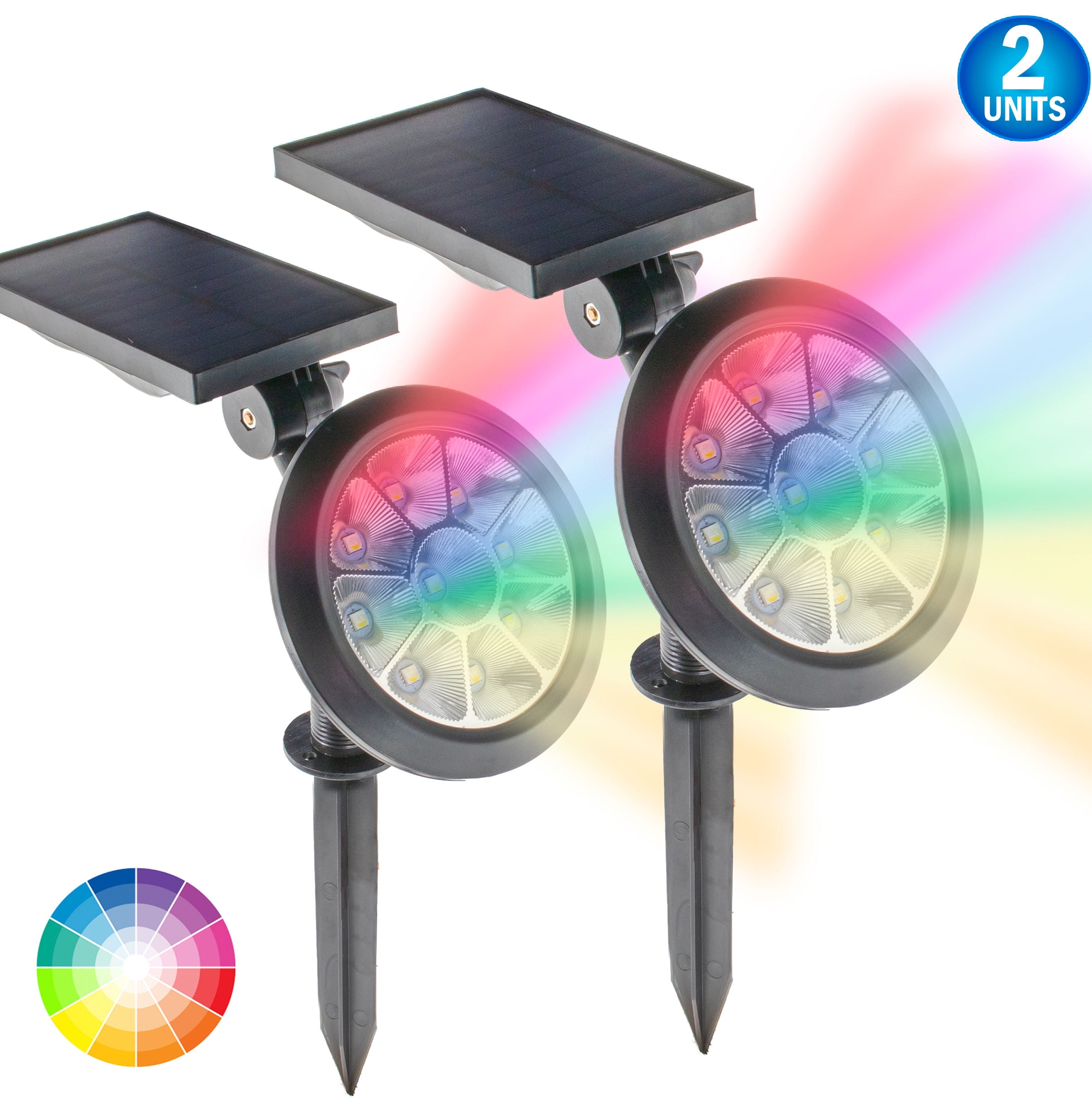 2 Solar Powered RGB Color Spotlight LED Lights Color Changing Ground Lights 7 Color Changes