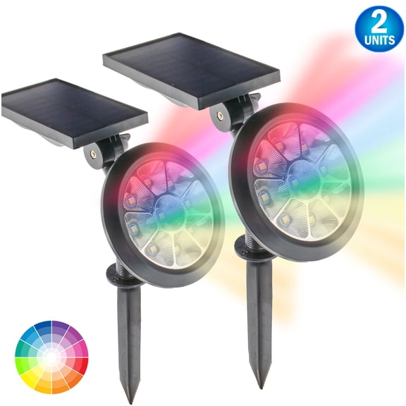 2 Solar Powered RGB Color Spotlight LED Lights - Color Changing Ground Lights - 7 Color Changes Outdoor/Indoor Waterproof Garden Landscape Yard Lights
