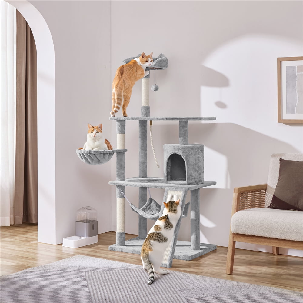 Yaheetech 63" Multi-Level Cat Tree with Condo, Hammock, Basket & Scratching Ramp, Light Gray