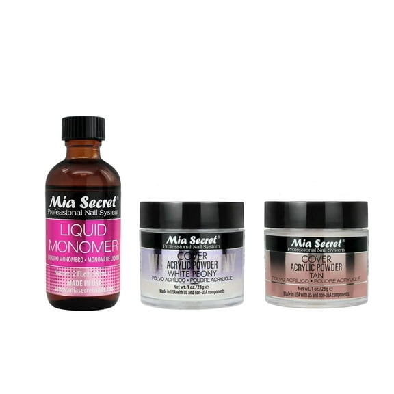 Mia Secret - Liquid Monomer 2oz   (Cover Acrylic Powder White Peony   Cover Acrylic Powder Tan) 1oz. - Combo
