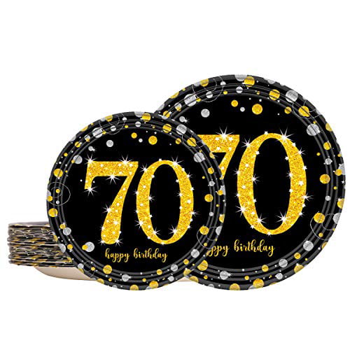 24 Disposable 9 X 9 Dinner Plates 24 Paper 7 X 7 Dessert Plates for 24 Guests Trgowaul 70th Black and Gold Birthday Decoration Cheers & Beers to 70 Years Anniversary Party Supplies for Women Men 