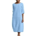 thumbnail image 2 of Cotton Linen Dresses for Women Plus Size Crewneck Half Sleeve Loose Fit Solid Color Soft Midi Dresses, 2 of 4