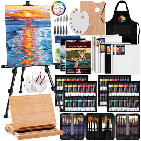 187Pcs Professional All-in-One Art Painting Kit with Aluminum & Beech Wood Easel, 96 Acrylic, Watercolor & Oil Paint Set, Complete Art Supplies Painting Set for Adults, Artists, Beginners