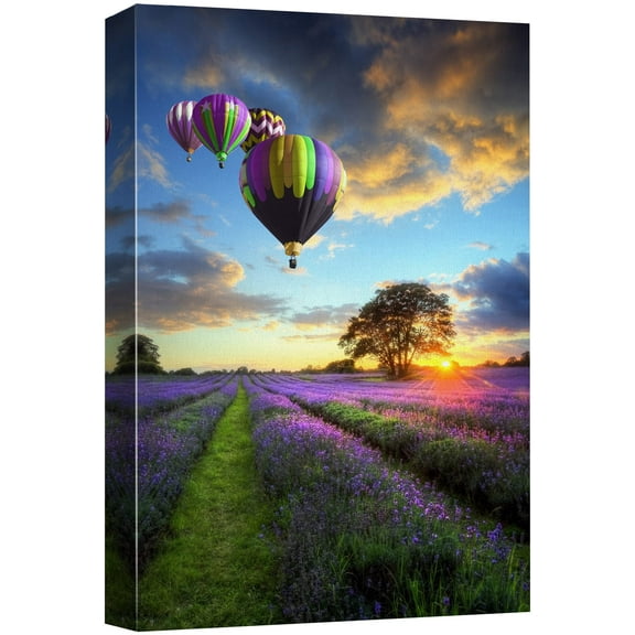 wall26 Framed Canvas Print Wall Art Sunset Hot Air Balloons Over Lavender Flowers Nature Wilderness Photography Realism Chic Scenic Colorful Rustic Ultra for Living Room, Bedroom, Office - 16"x2