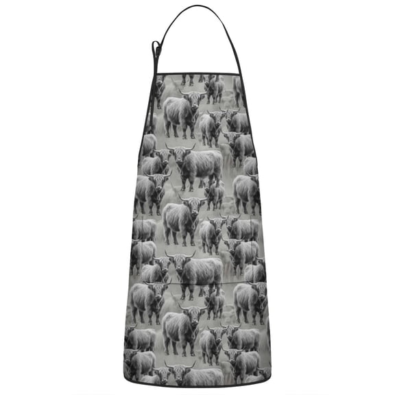 Gray Highland Cow Group Pattern Apron-Garden Aprons for Women with Pockets-Cotton Linen Waterproof Kitchen Cooking Gardening Aprons Adjustable for Kitchen,Cooking,BBQ and Salon 33x27 Inch