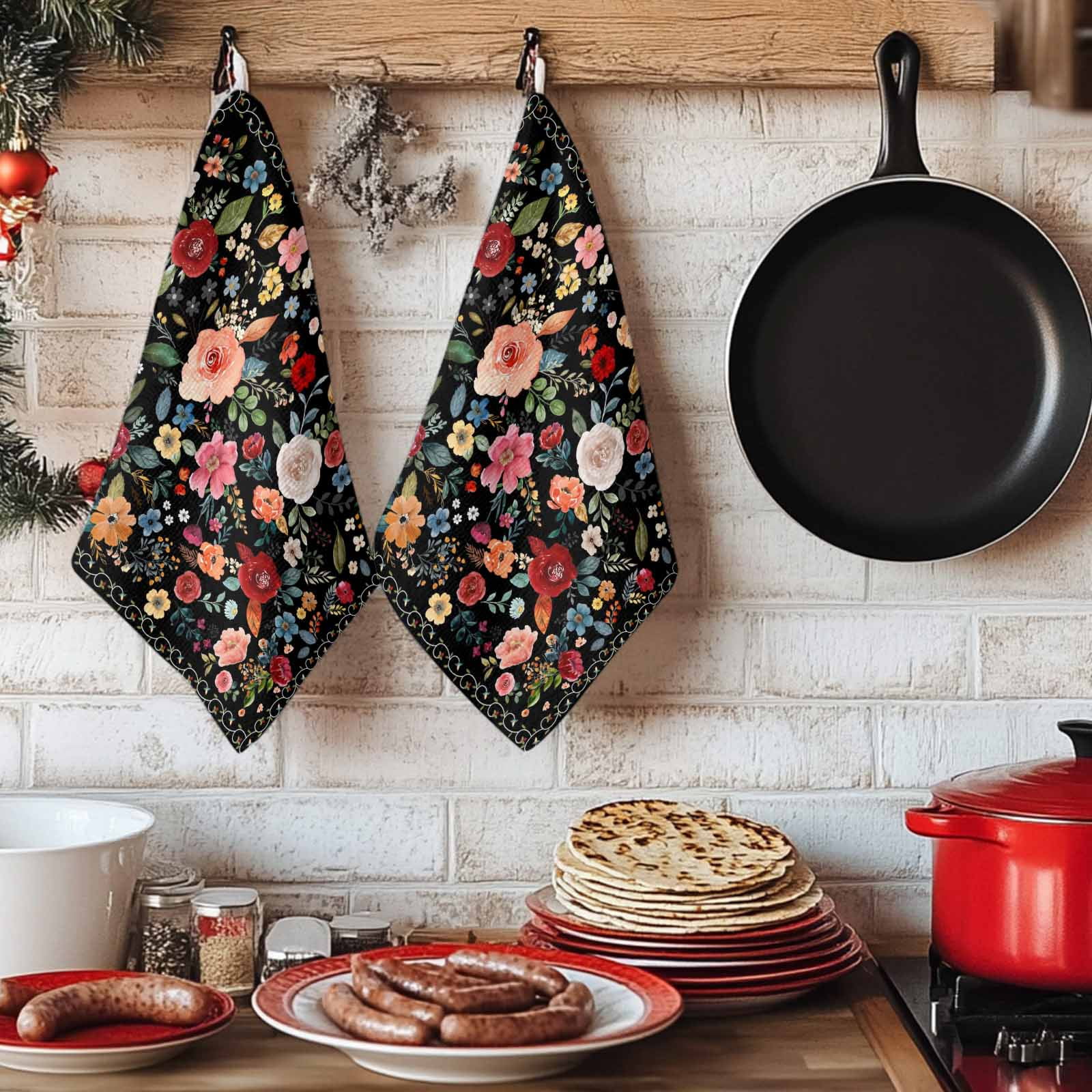 Dish Towels, Black Floral Absorbent Kitchen Towels 2 PCS, Farmhouse Vintage Flower Microfiber Hand Towels Dish Cloths Tea Towels for Home&nbsp;Bathroom Cleaning Drying,18X28-Inch,