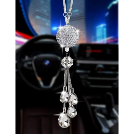 Bling Car Accessories for Women and Man Cute Decor Women Lucky Crystal Sun Catcher Ornament Rear View Mirror Ball Charm (30 mm Clear) (White)