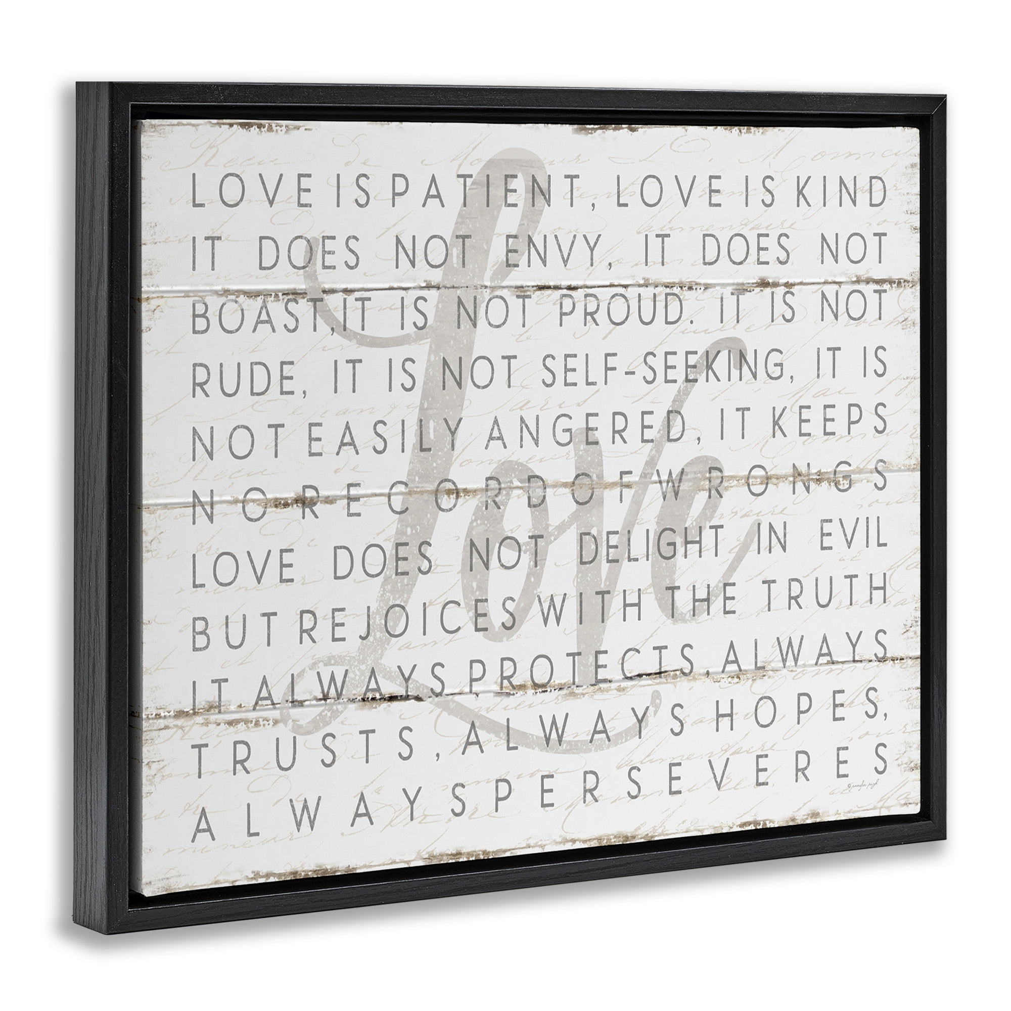 Stupell Industries Love Is Patient Grey on White Planked Look Jet Black Framed Floating Canvas Wall Art, 24x30, by Jennifer Pugh