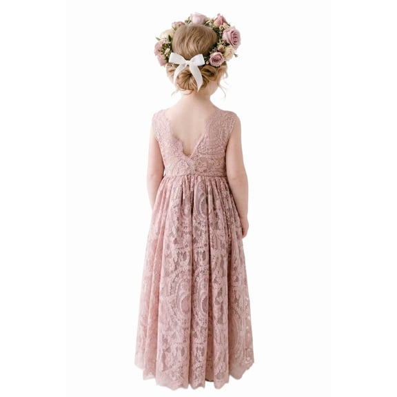 2Bunnies Girls' 12M-12yr Paisley All-Over Lace V Back Sleeveless Maxi Flower Girl Dress
