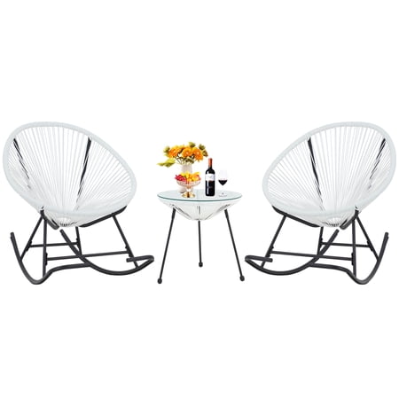 AVAWING 3PC Outdoor Acapulco Bistro Set, Patio Conversation Set with Table and 2 Rocking Chairs with Hand-Woven Rope for Balcony, Porch, White