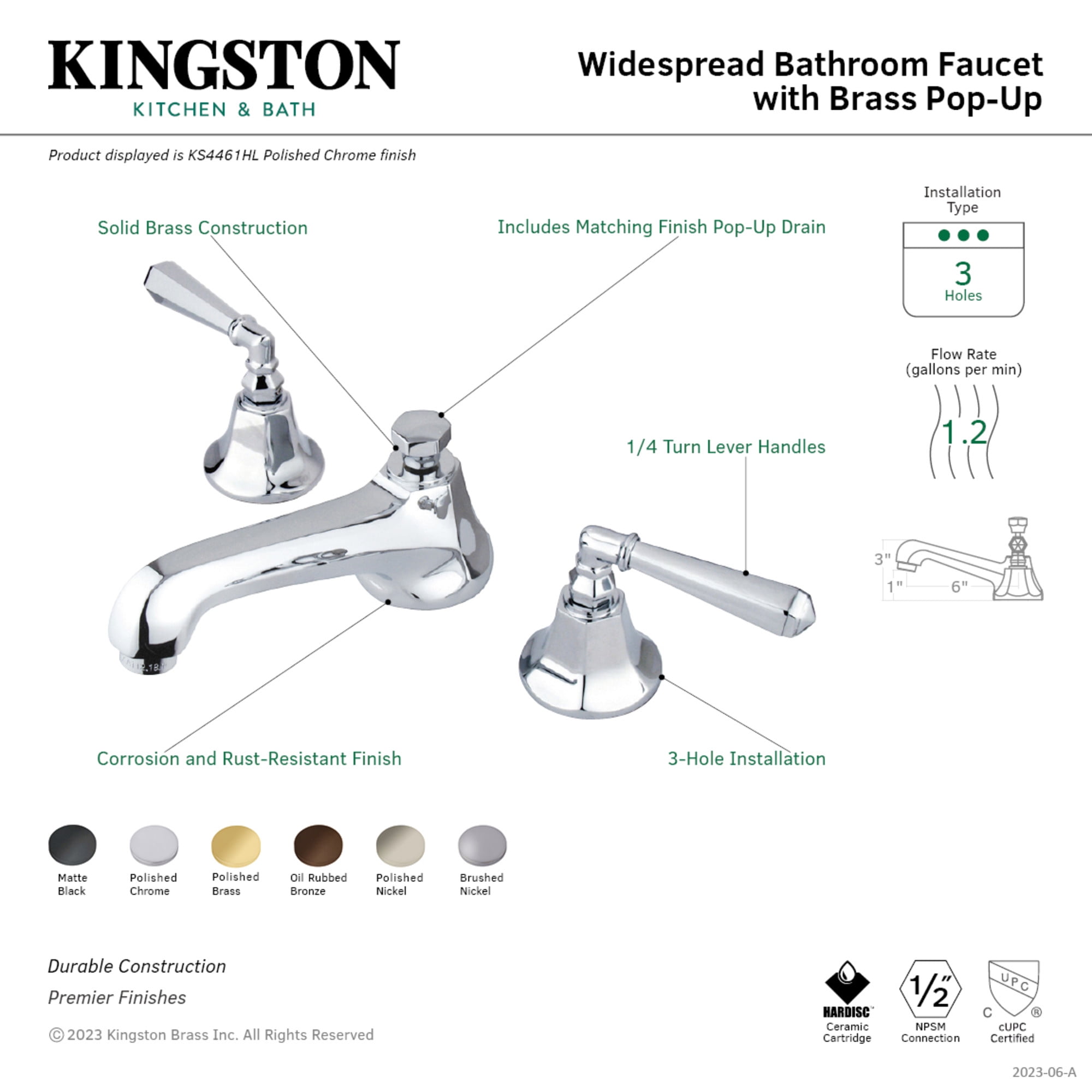 Kingston Brass KS4460HL Metropolitan Widespread Bathroom Faucet with Brass Pop-Up, Matte Black