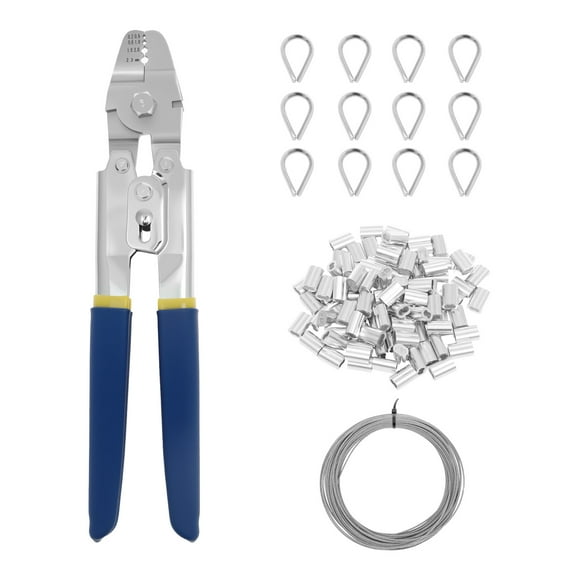 Wire Rope Crimping Tool Kit Efficient Wire Rope Crimper with 160 Aluminum Crimping Loop Sleeve and 12 Stainless Steel Thimble for Railing Decking