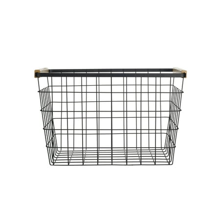 - Design Ideas Sutton Basket, Matte Black Industrial Metal Wire Stacking Storage Bin with Natural Wood Handles, 15.5