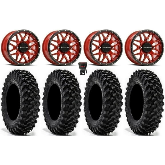 Raceline Krank 14" Wheels Red 34" Warrior XT Sticky Tires Can-Am Commander Maverick Renegade Outlander Defender