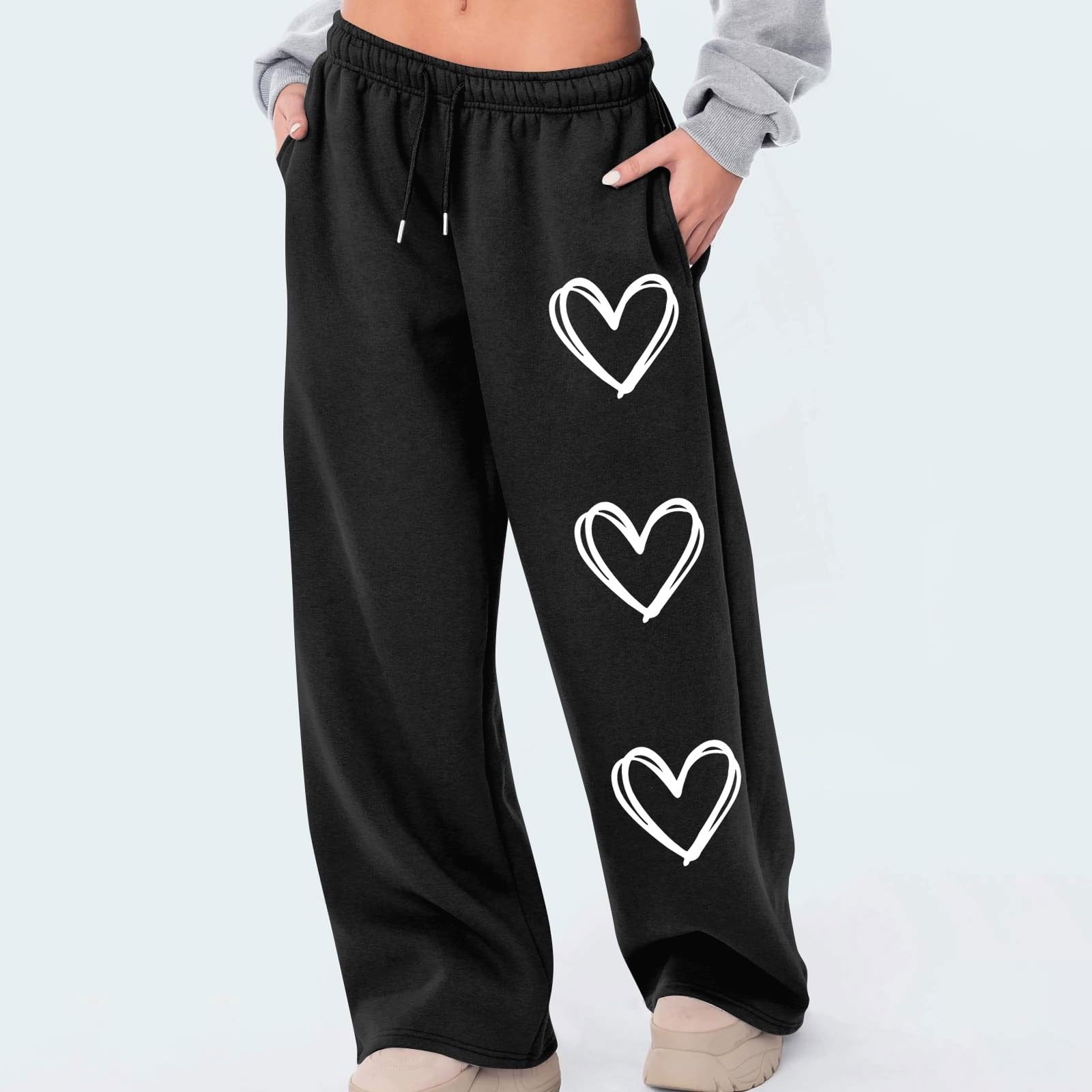 Women's Sweatpants Wide Leg Loose Fit Heart Graphic Drawstring