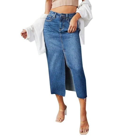WTOBBY Women's A-Line Denim Skirt Mid Length Washed Blue High Waist Stretch Comfortable Front Slit Design Flared Casual Summer Skirt,Dark Blue L
