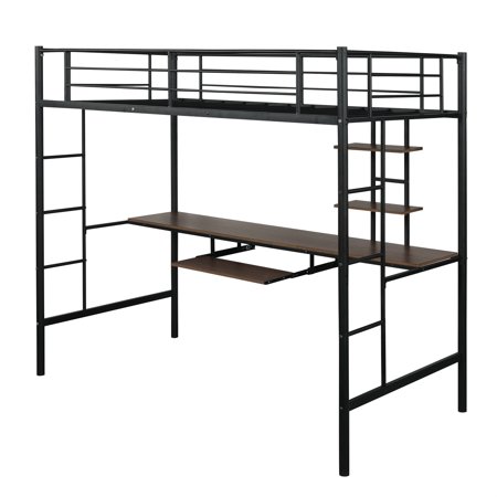 Loft Metal Bed with Table and Storage Shelves  Space-Saving Bed Frame with Bilateral Ladders and Safety Guard Rails for Boys & Girls  Black  78.11L x 41.4W x 71.6H