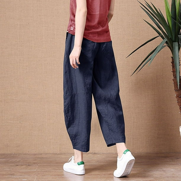 Pantalones anchos de lino y algodón pequeños para mujer, pantalones casuales de lino de nueve puntos que combinan con todo, sueltos y de talla grande para uso exterior