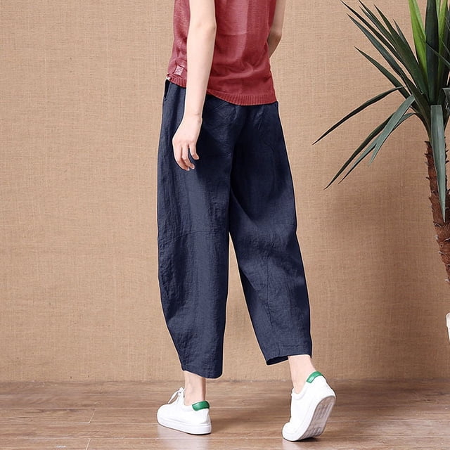 Pantalones anchos de lino y algodón pequeños para mujer, pantalones casuales de lino de nueve puntos que combinan con todo, sueltos y de talla grande para uso exterior
