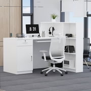 MONSLIPA L-Shape Reception Desk, Home Office Desk with Keyboard Tray, Open Shelves and Lockable Drawer,55 inch