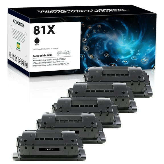 Colorich 5-Pack 25000 Pages Compatible 81A CF281A Toner Cartridge for HP 81X CF281X Enterprise MFP M605 M605n M605dn M605x M606 M630z M632 M606n M630 M630h M630dn Black Printer ink