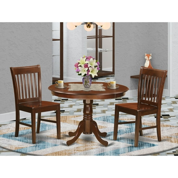 East West Furniture Hartland 3-piece Dining Chairs and Round Table in Mahogany
