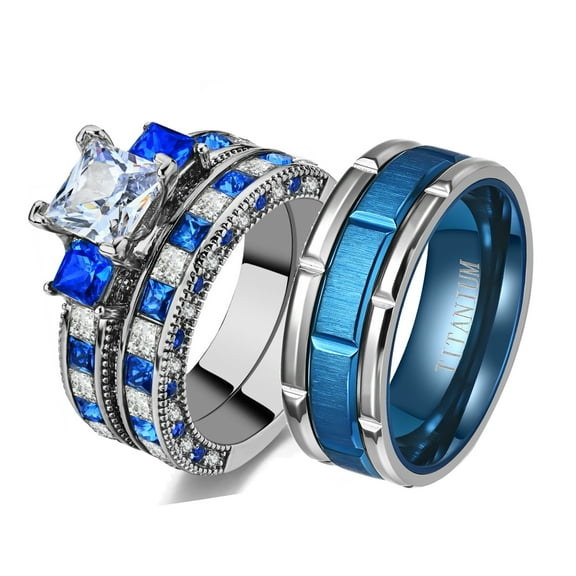 Couple rings Wedding Ring Set Women Square cut Moissanite Engagement Ring in Sterling Silver Man Titanium Bands