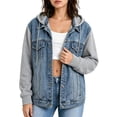 thumbnail image 4 of QIYAGBSA Denim Jackets for Women with Knit Sleeves Patchwork Hooded Casual Spring Fall Outerwear (Gray, M), 4 of 8