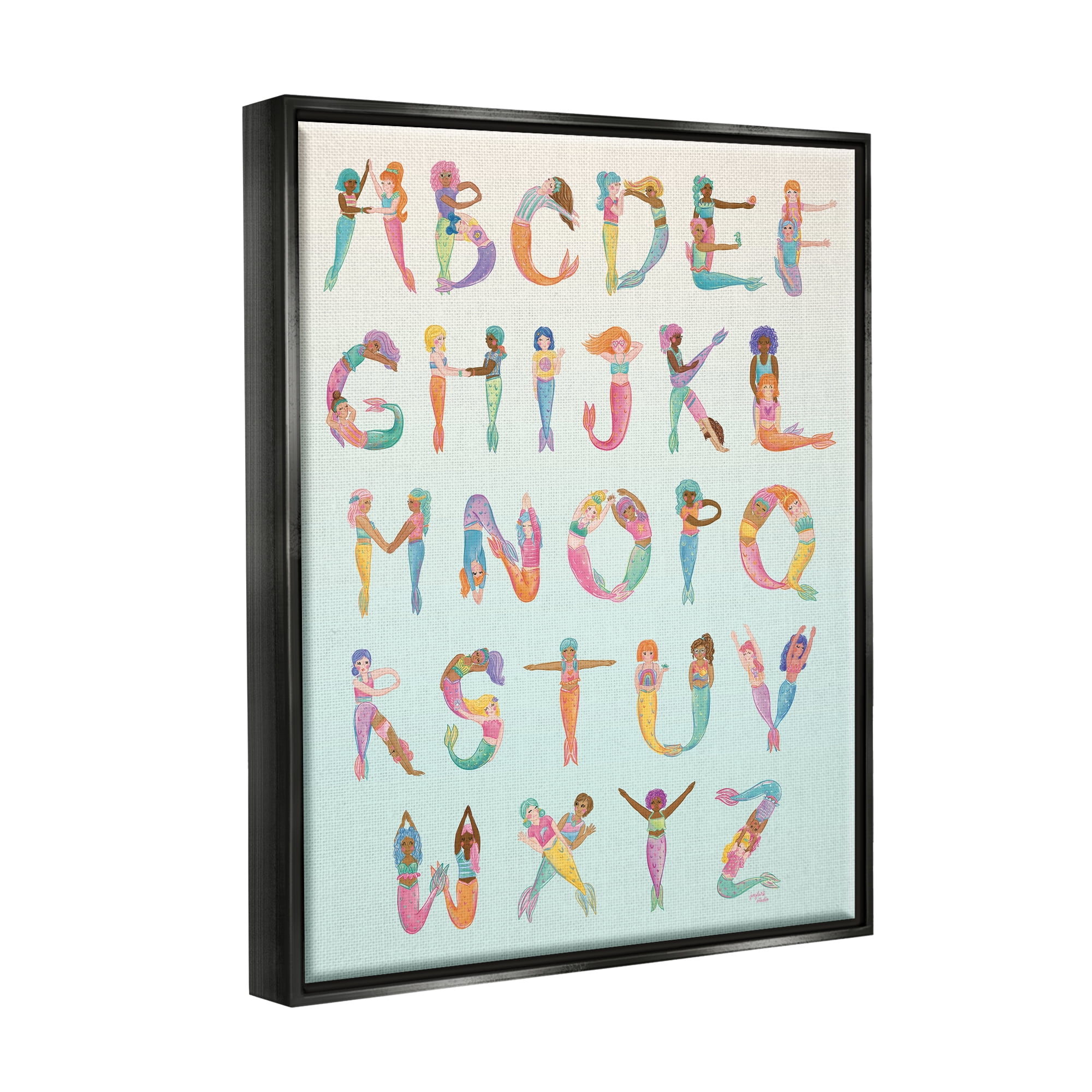 Stupell Industries Mermaid Alphabet Letters Typography Painting Black Floater Framed Art Print Wall Art, 25 x 31