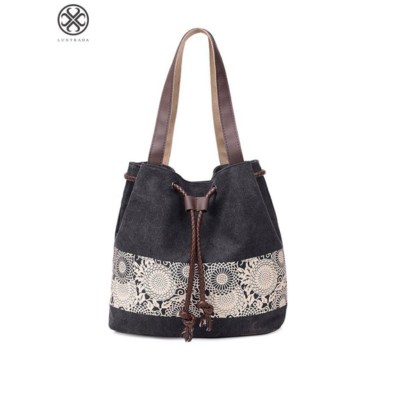 Luxtrada Printing Canvas Shoulder Bag Retro Casual Handbags Messenger Bags For Travel Messenger Women (Black)