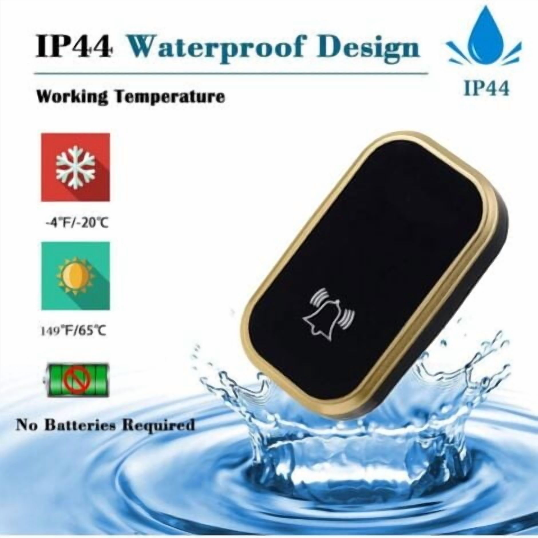 Wireless Doorbell Outdoor Waterproof Automatic Battery-Free Doorbell with Temperature, Humidity and Time Display, Wireless Doorbell with 38 Melodies and 4 Volume Levels