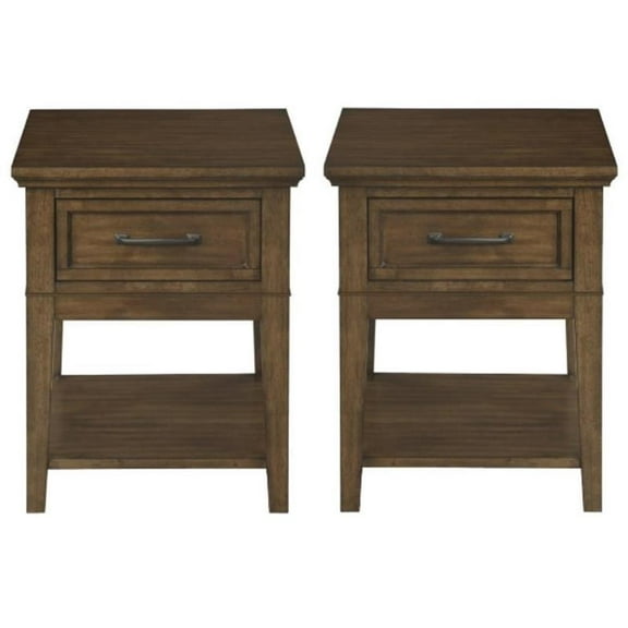 Home Square Wood 1 Drawer End Table in Brown Finish - Set of 2