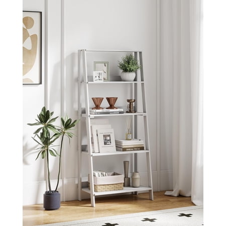 5-Tier White Ladder Shelf Wooden Bookshelf Bookcase Open Display Stand Freestanding Corner Storage Shelves for Living Room Home Office Kitchen Bedroom Bathroom Balcony