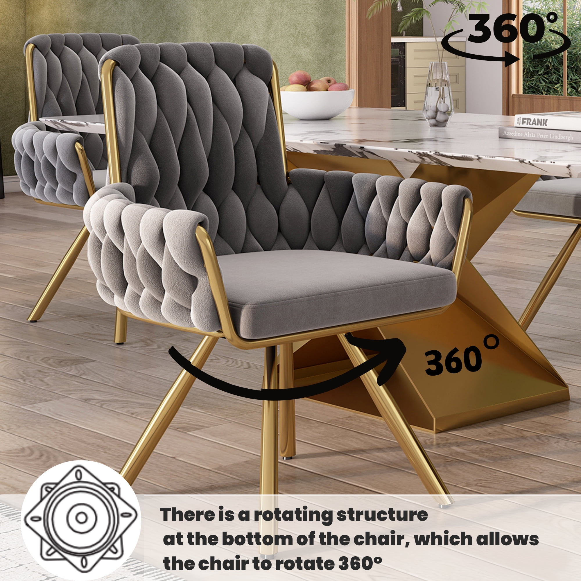 Noble House Set of 2 Velvet Dining Chairs, Luxurious Tufted Swivel Chair, gray