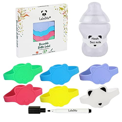 Baby Bottle Labels for Daycare –6 Multi-Colored Unique Panda-Shaped Reusable Silicone Name Labels Fit Popular Bottles and Sippy Cups – Includes ...