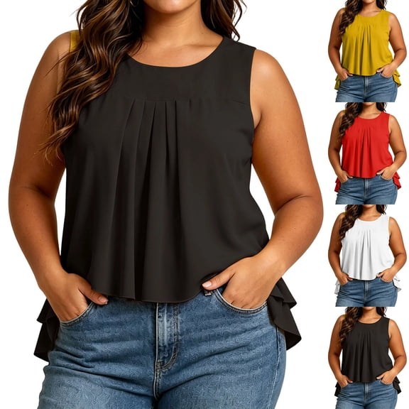 yillto Women Plus Size Dressy Tank Sleeveless Office Tops Casual Business Work Crewneck Pleated Shirts