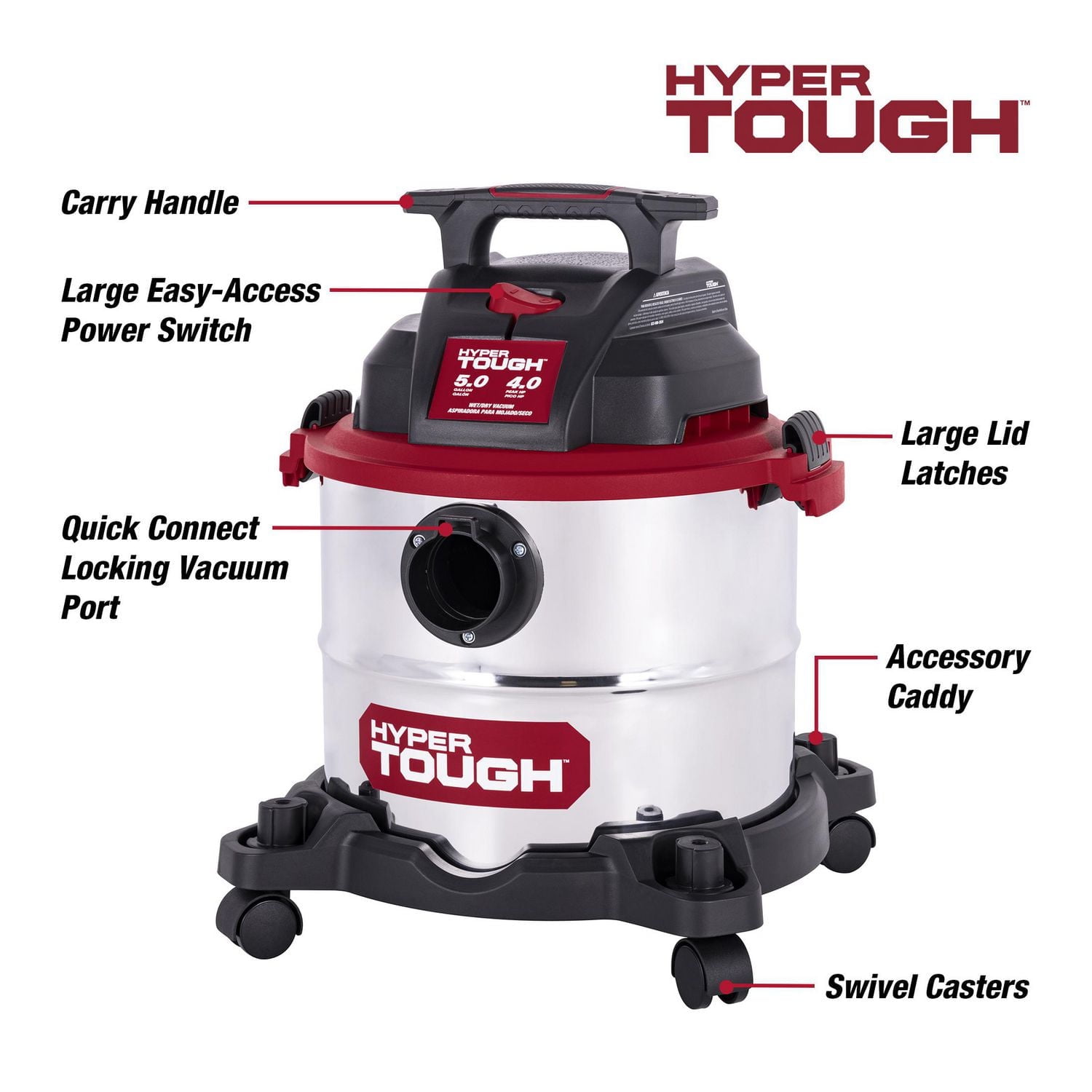 Hyper Tough 18,9 Litres Aspirateur à sec et à eau en acier inoxydable Hyper Tough 18.9L (5 Gal.) Aspirateur eau et poussières de 4,0 CV avec accessoires