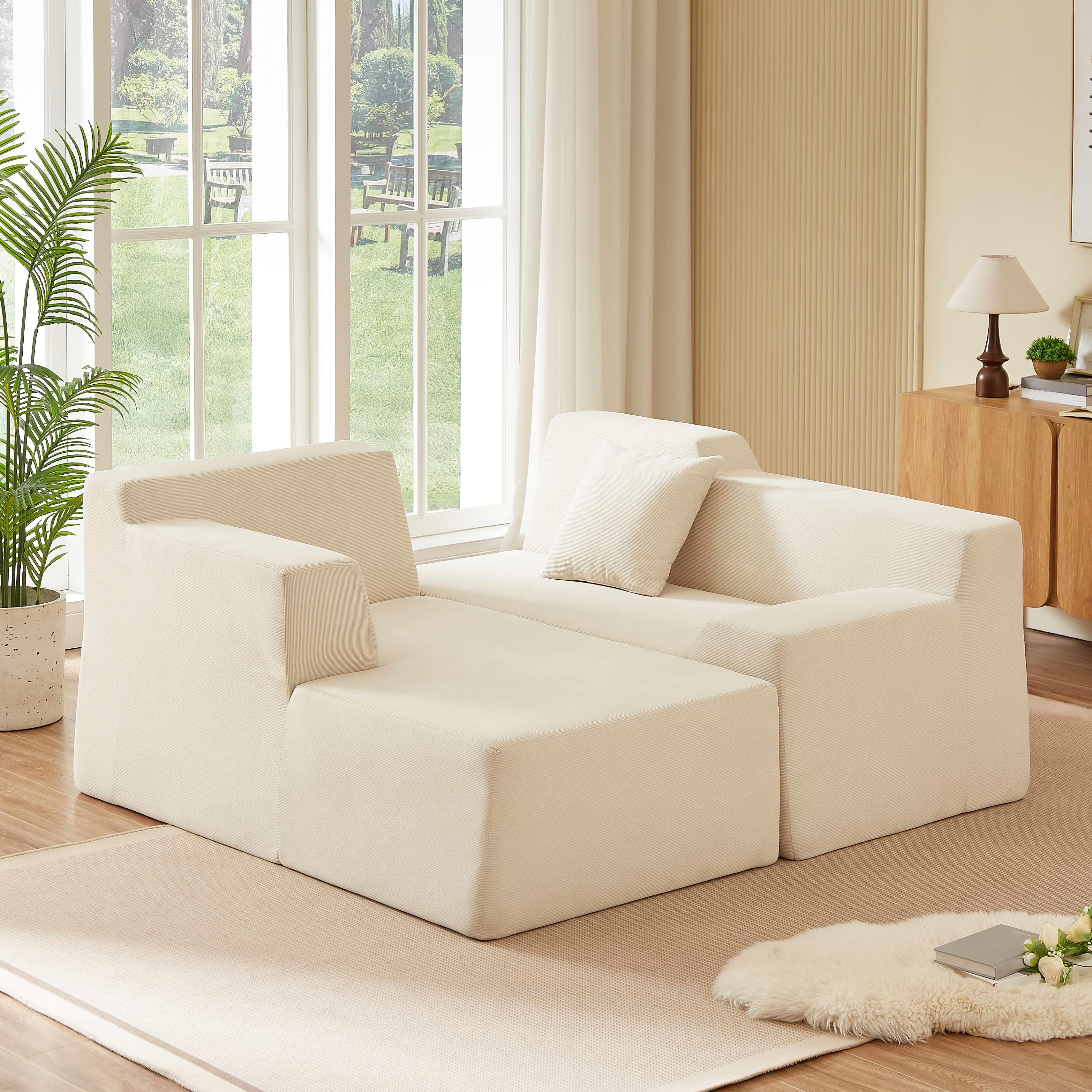 MAYEERTY Minimalist L-Shaped Corduroy Sofa with Geometric High Backrest for Living Room, 96" Beige