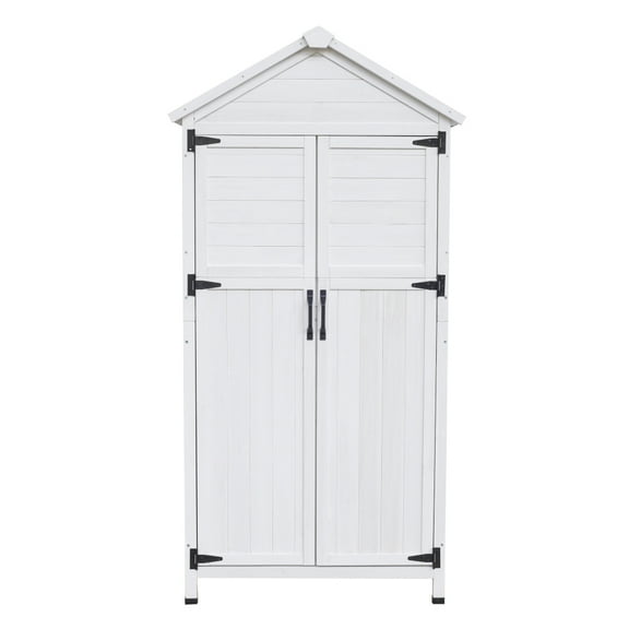 Spacious White Fir Wood Storage Shed, 67-Inch Tall with Dual Doors, Triangular Roof, and 4 Interior Compartments for Organized Garden Tool Storage