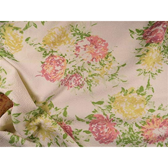 Printed Liverpool Textured Fabric Stretch Cream Pink Yellow Green Floral I705