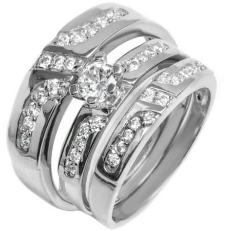 Pori Jewelers CZ Sterling Silver Round-Cut Trio Engagement Ring Set