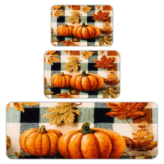 RKSupls Kitchen Rug Set 3 Piece Anti-Slip Flannel Floor Mats, Pumpkin Plaid Autumn Washable Absorbent Runner Mats for Kitchen Bathroom Home Decor