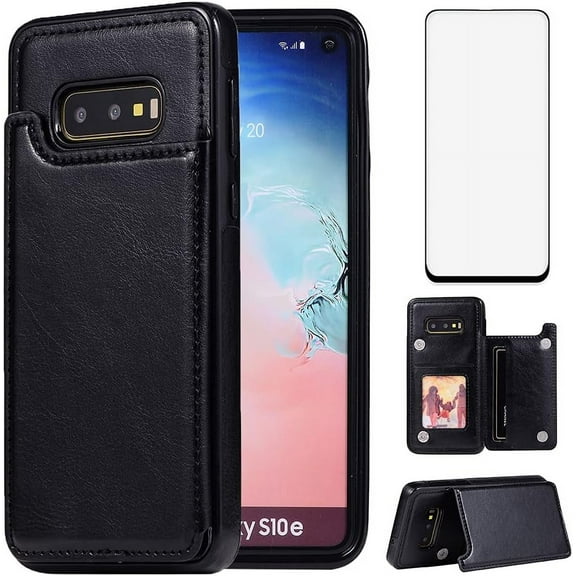 Design for Samsung Galaxy S10E Case with Tempered Glass Screen Protector Credit Card Holder Slot, PU Leather Wallet Phone Cases Stand Kickstand Protective Cover for Glaxay S 10E 10SE Men Black