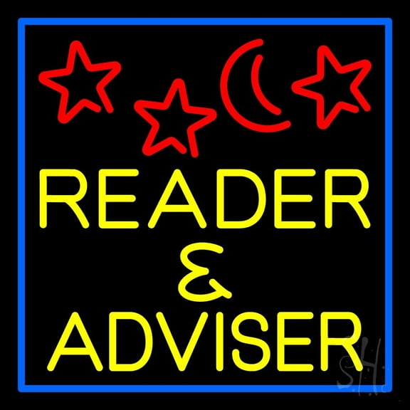 Yellow Reader And Advisor Blue Border LED Neon Sign 16" Tall x 16" Wide - inches Black Square Cut Acrylic Backing, with Dimmer - Bright and Premium built indoor LED Neon Sign for Storefront.