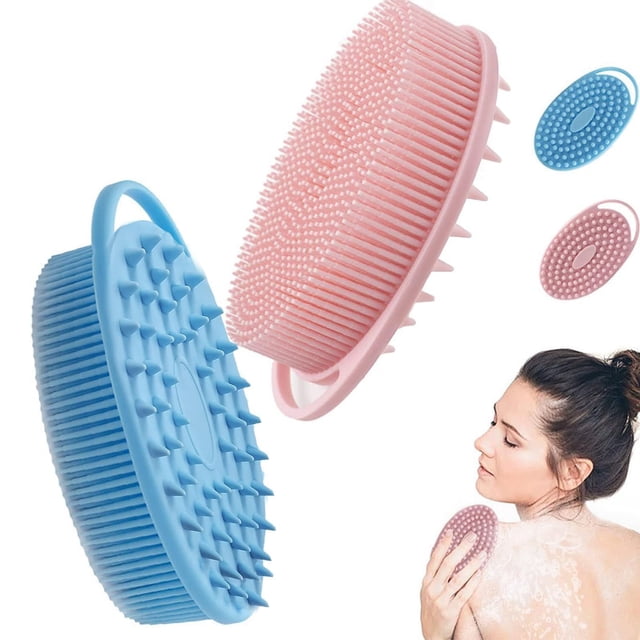 2 piezas Cepillo de ducha, cepillo de masaje de silicona exfoliante, cepillo de baño y champú de silicona 2 en 1, masajeador del cuero cabelludo, espuma densa. Ideal para baños y masajes - rosa y azul